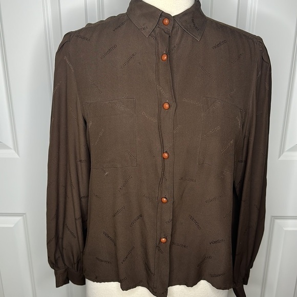 Vintage Valentino Silk Logo Embossed Bubble Sleeve Blouse Sz10 - Picture 1 of 12